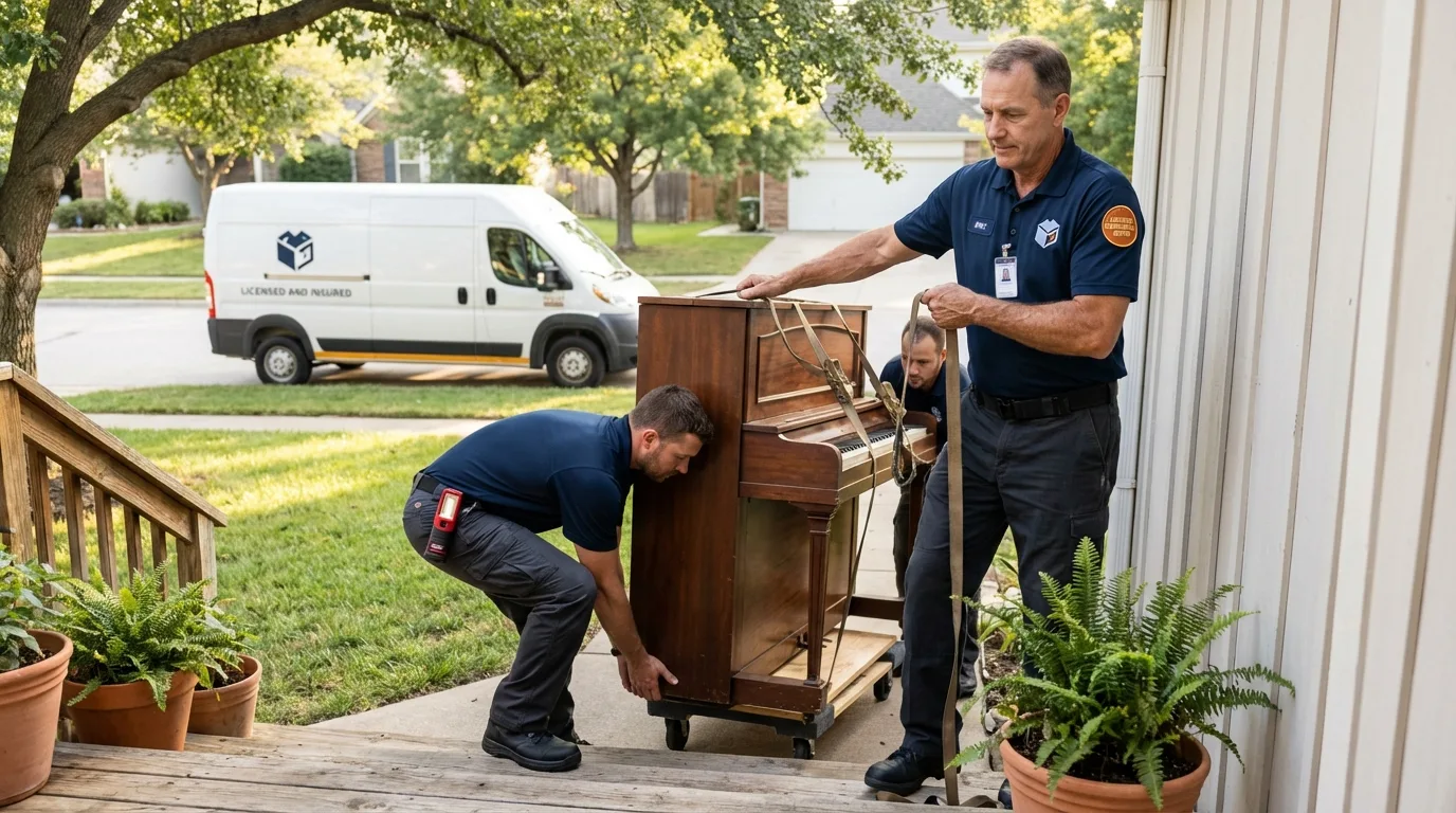 Licensed piano movers securing grand piano in Carefree, AZ