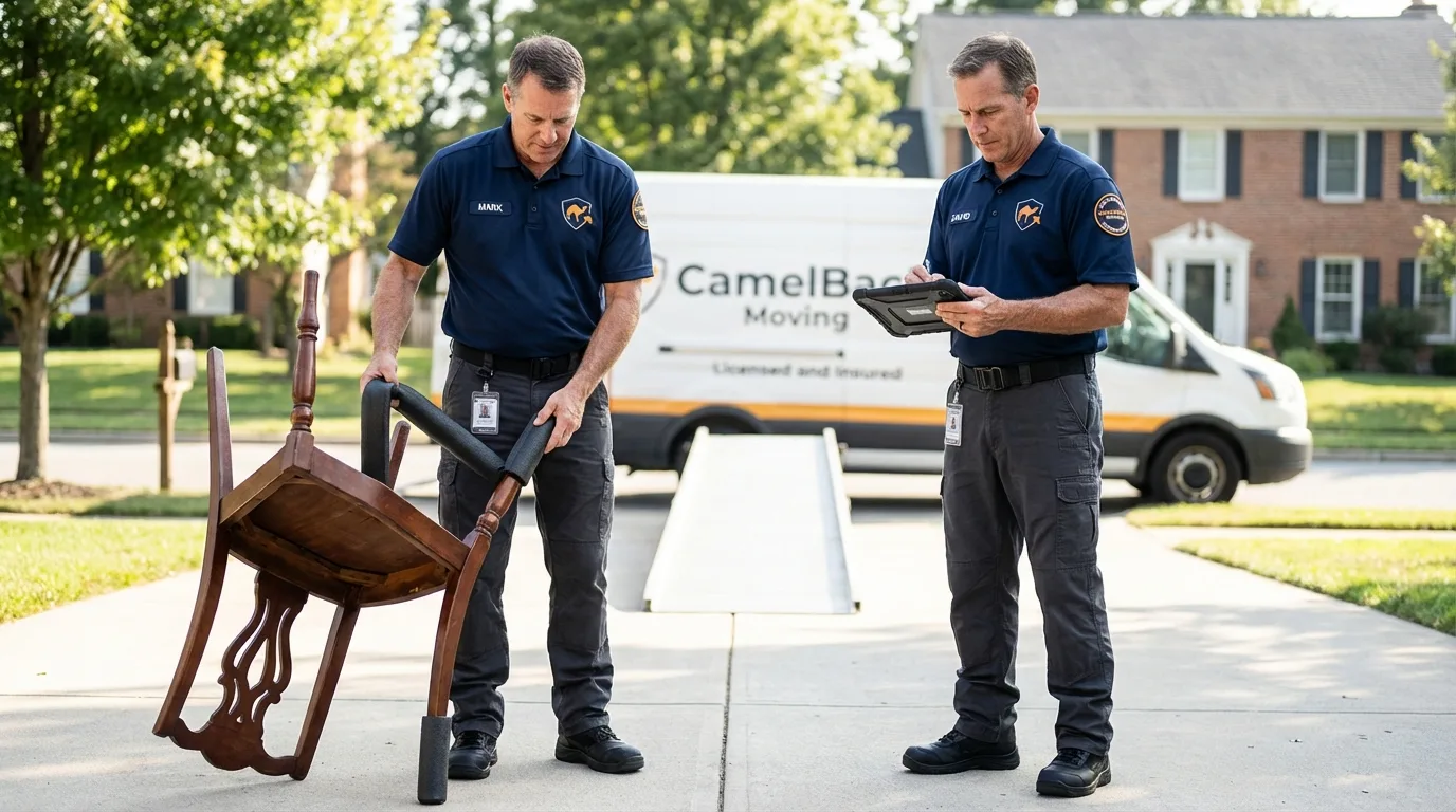Movers inspecting furniture for damage prevention before loading in Carefree, AZ